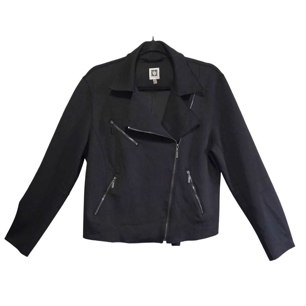 Anne Klein LG Indie Chic Black Knit Moto Jacket Asymmetrical Zip Serged Hems
